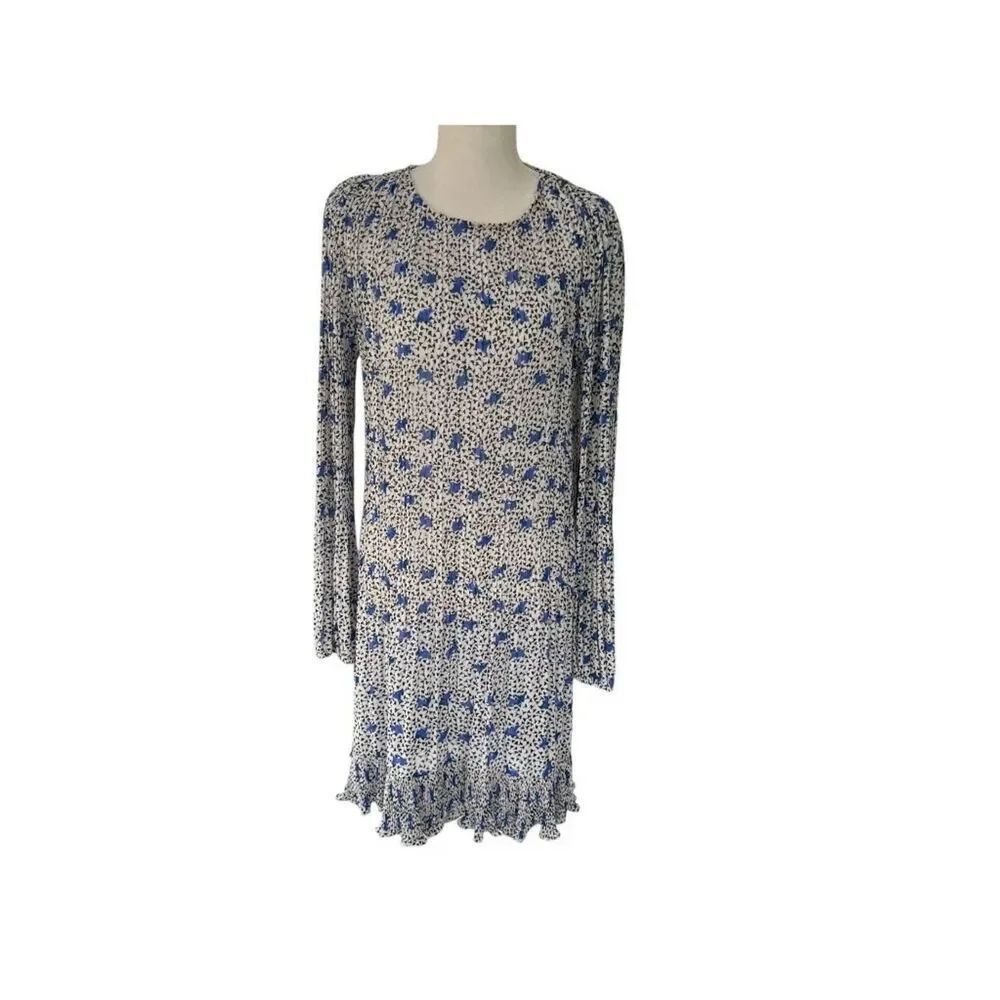 Maje Semi Sheer Floral Pleated Long Sleeve Ruffle Hem Mini Dress Size 40 8 US